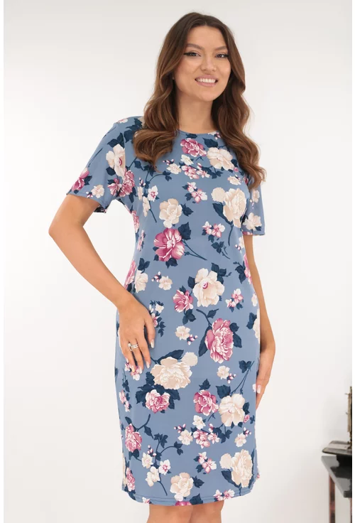Rochie dreapta bleu cu imprimeu floral roz-bej