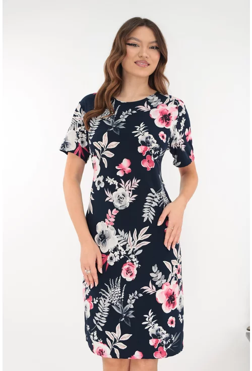 Rochie dreapta bleumarin cu flori maxi roz-gri