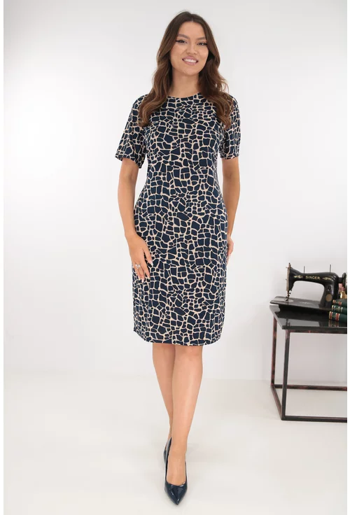 Rochie dreapta bleumarin cu imprimeu abstract bej