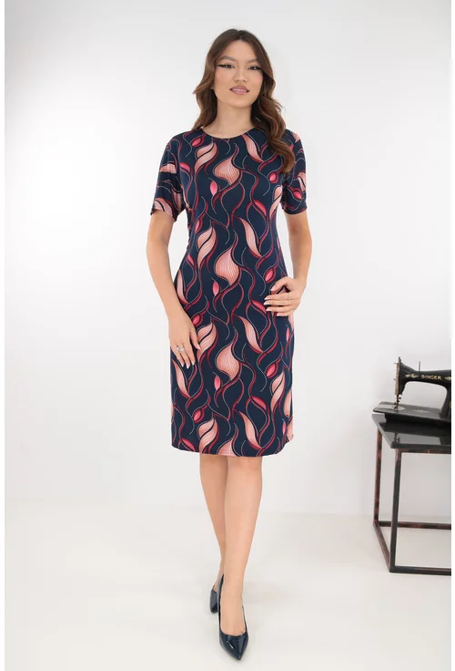 Rochie dreapta bleumarin cu imprimeu abstract rosu