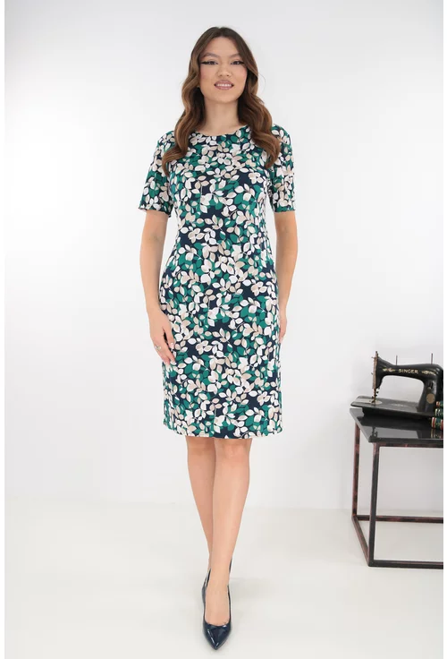Rochie dreapta bleumarin cu imprimeu floral alb-verde