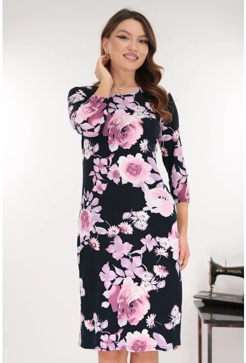 Rochie dreapta bleumarin cu imprimeu floral maxi lila