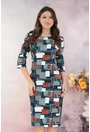 Rochie dreapta bleumarin cu imprimeu geometric caramiziu-alb