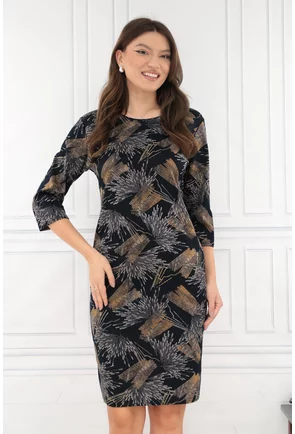 Rochie dreapta bleumarin cu print abstract bej