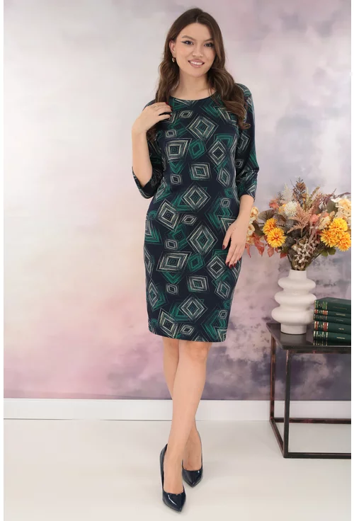 Rochie dreapta bleumarin cu print abstract verde-bej