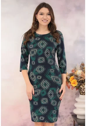 Rochie dreapta bleumarin cu print abstract verde-bej