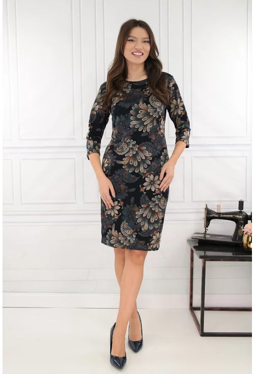 Rochie dreapta bleumarin cu print floral bej