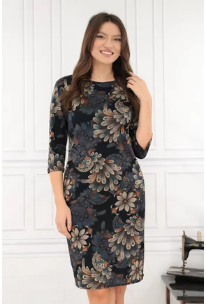 Rochie dreapta bleumarin cu print floral bej
