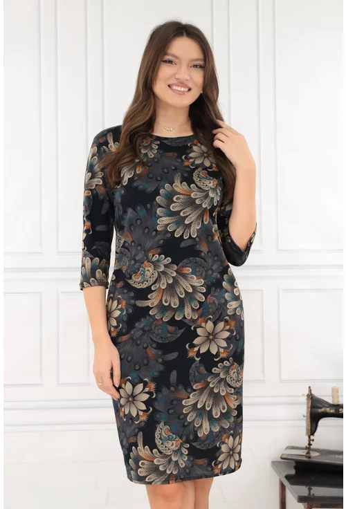 Rochie dreapta bleumarin cu print floral bej
