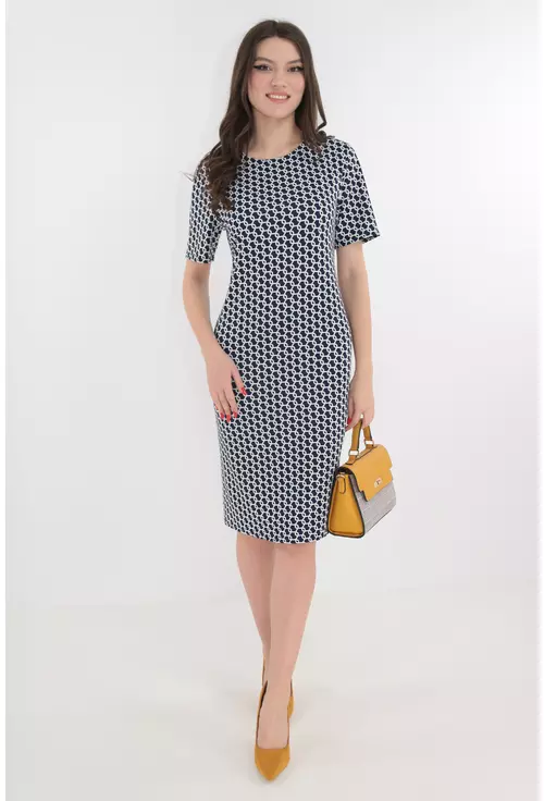Rochie dreapta bleumarin cu print geometric alb