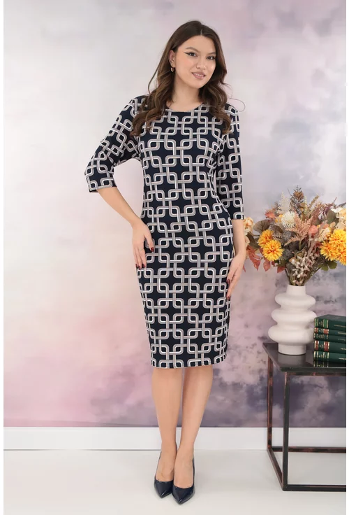 Rochie dreapta bleumarin cu print geometric crem