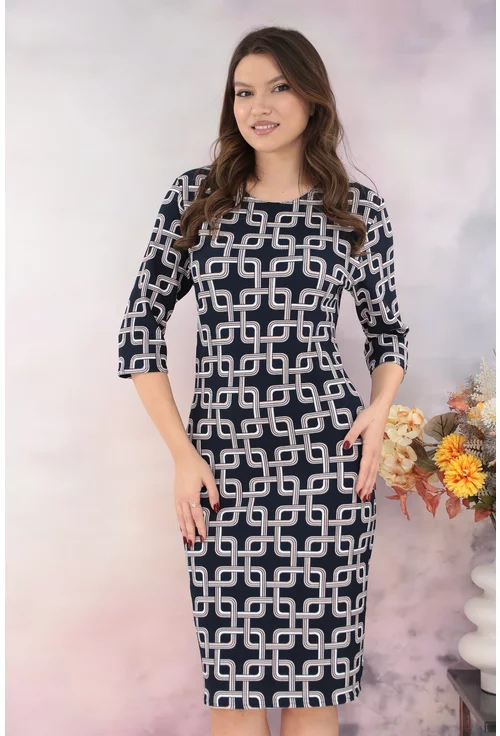 Rochie dreapta bleumarin cu print geometric crem