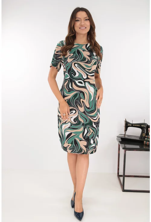 Rochie dreapta cu imprimeu abstract verde-bej