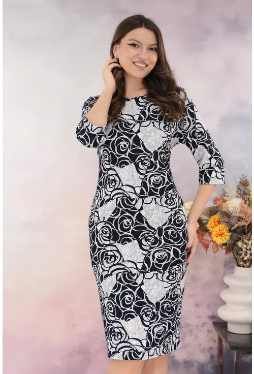 Rochie dreapta cu imprimeu floral bleumarin-gri