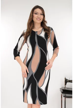 Rochie dreapta cu print abstract negru-bej