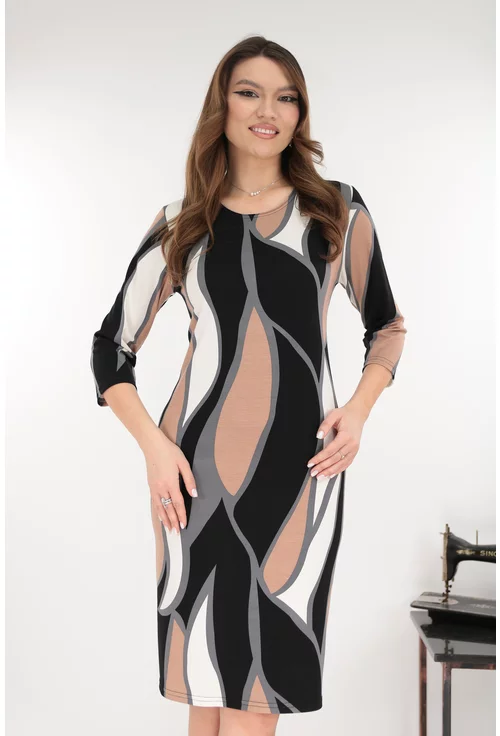 Rochie dreapta cu print abstract negru-bej