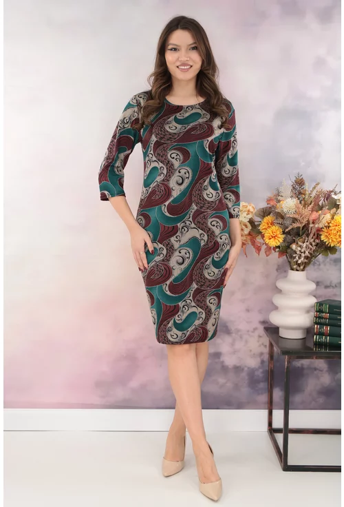 Rochie dreapta cu print abstract turcoaz-maro