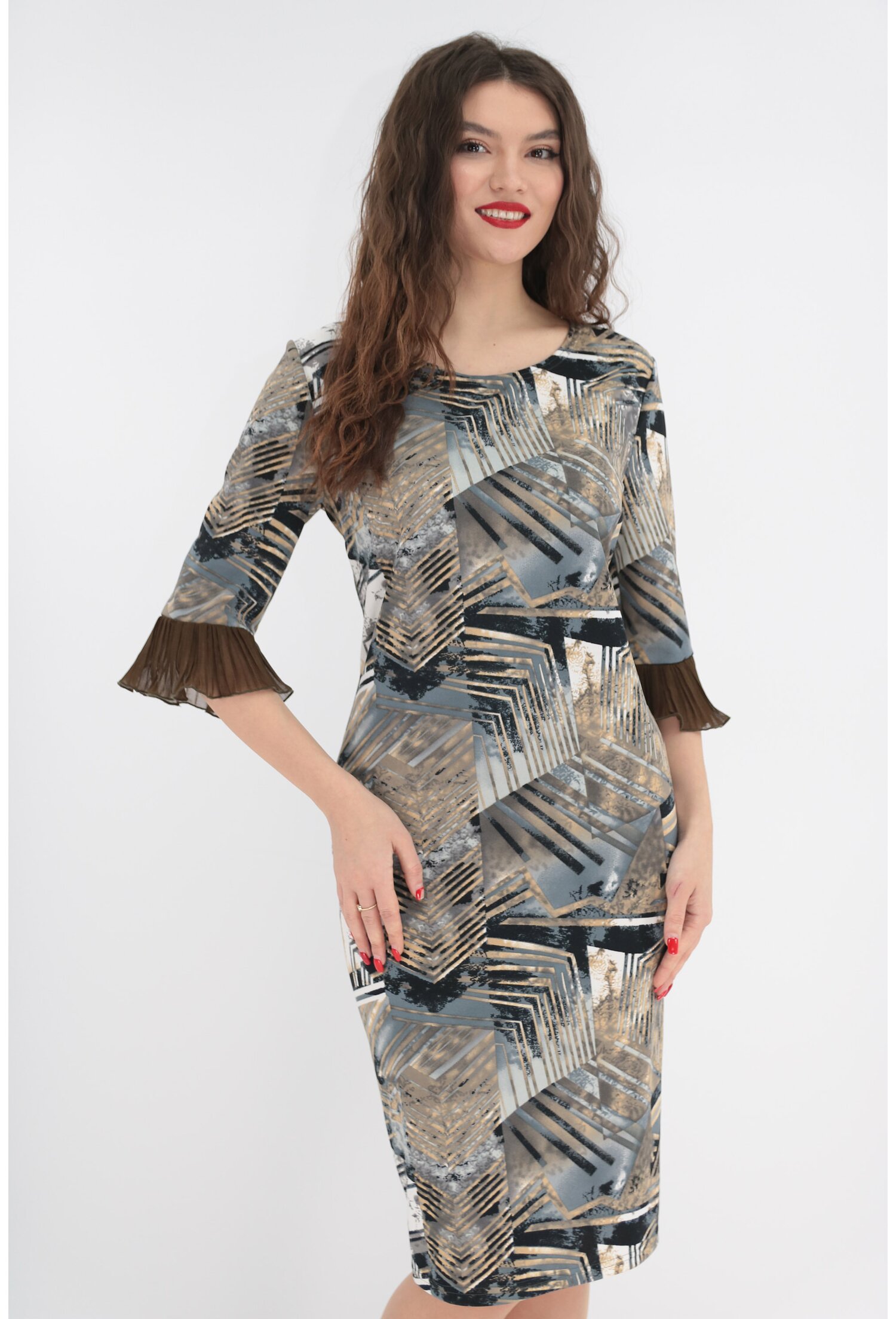 Rochie dreapta cu print geometric olive si volane plisate