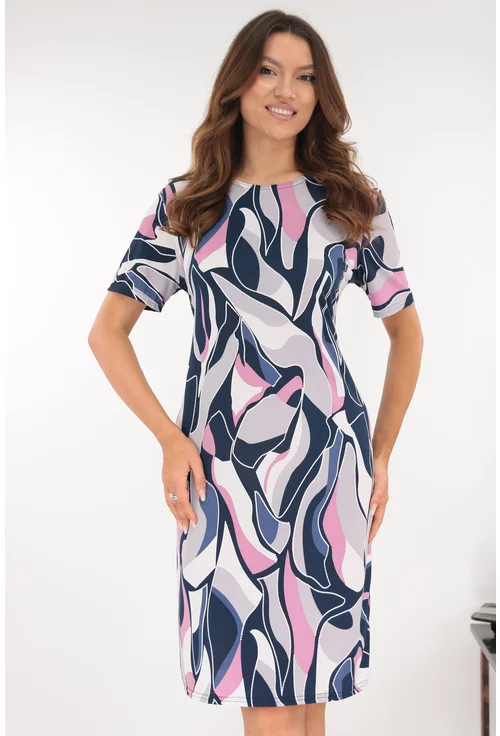 Rochie dreapta gri cu imprimeu abstract bleumarin-roz