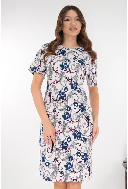 Rochie dreapta gri cu imprimeu floral roz-bleumarin