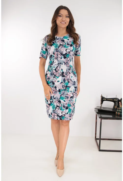 Rochie dreapta gri cu imprimeu floral roz-turcoaz