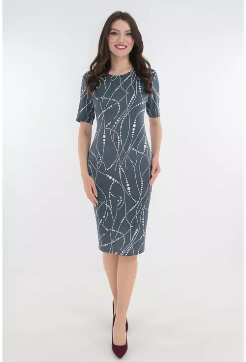 Rochie dreapta gri cu print abstract alb 3D