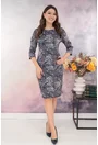 Rochie dreapta gri cu print floral lila-bleumarin