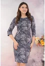 Rochie dreapta gri cu print floral lila-bleumarin