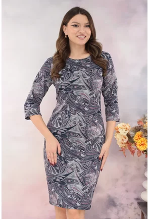 Rochie dreapta gri cu print floral lila-bleumarin