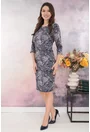 Rochie dreapta gri cu print floral lila-bleumarin