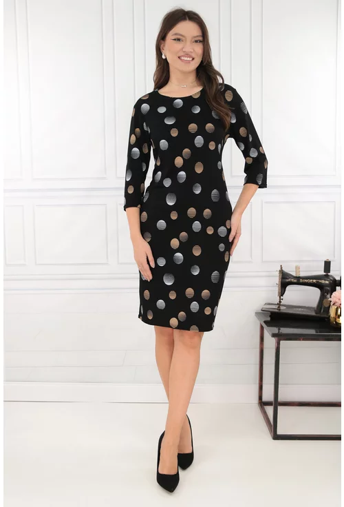 Rochie dreapta neagra cu buline bej