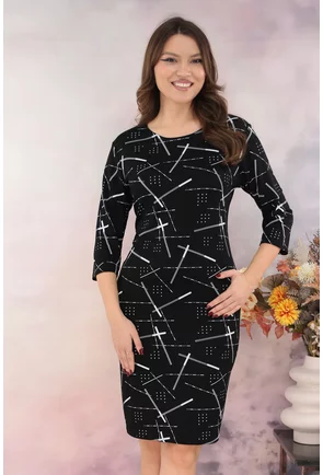Rochie dreapta neagra cu imprimeu abstract alb