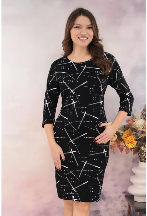 Rochie dreapta neagra cu imprimeu abstract alb