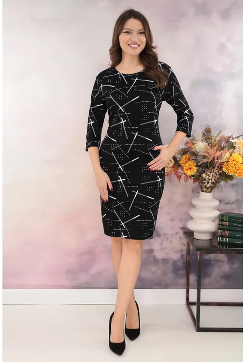 Rochie dreapta neagra cu imprimeu abstract alb