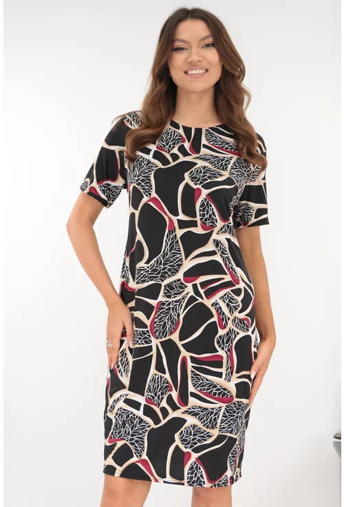 Rochie dreapta neagra cu imprimeu abstract bordo-bej