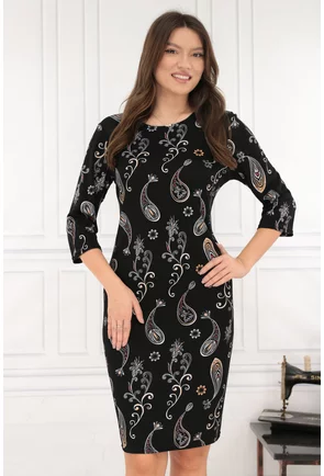 Rochie dreapta neagra cu imprimeu floral bej