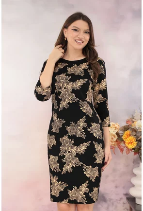 Rochie dreapta neagra cu imprimeu floral crem