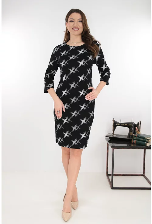 Rochie dreapta neagra cu imprimeu geometric alb