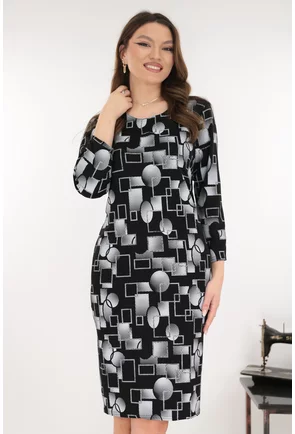 Rochie dreapta neagra cu imprimeu geometric gri