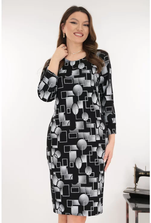 Rochie dreapta neagra cu imprimeu geometric gri