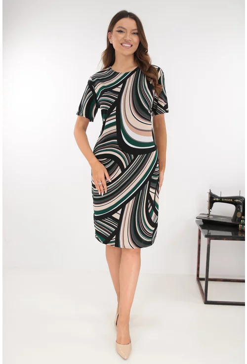 Rochie dreapta neagra cu imprimeu geometric verde-bej