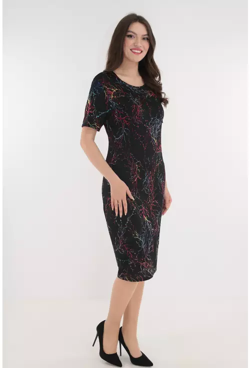 Rochie dreapta neagra cu print abstract multicolor