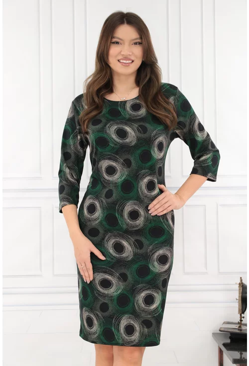 Rochie dreapta neagra cu print abstract verde-bej