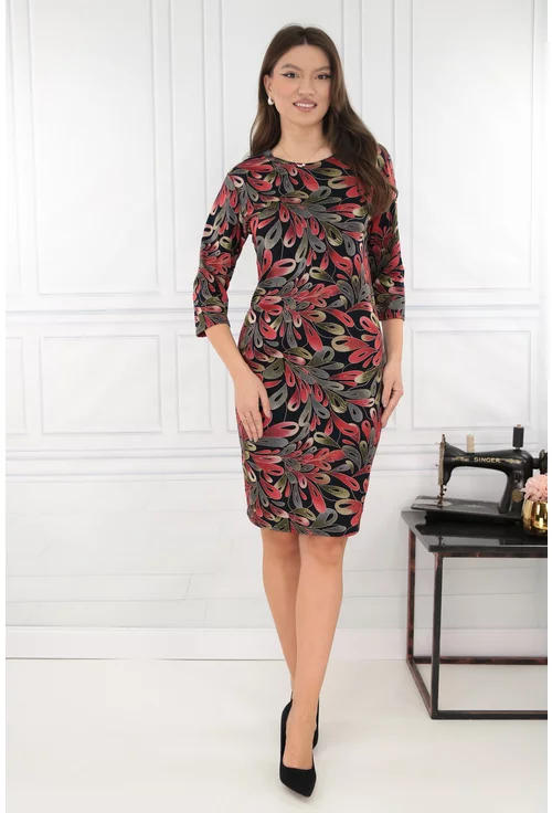 Rochie dreapta neagra cu print floral rosu-verde