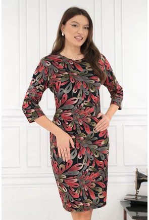 Rochie dreapta neagra cu print floral rosu-verde