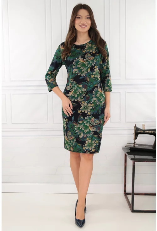 Rochie dreapta neagra cu print floral verde-bej