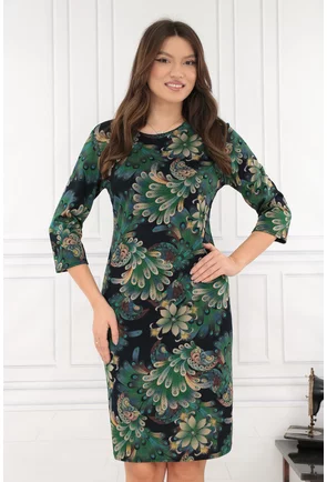 Rochie dreapta neagra cu print floral verde-bej