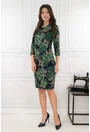 Rochie dreapta neagra cu print floral verde-bej