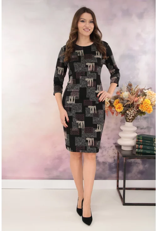 Rochie dreapta neagra cu print geometric bej