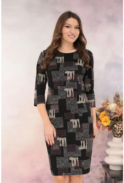 Rochie dreapta neagra cu print geometric bej